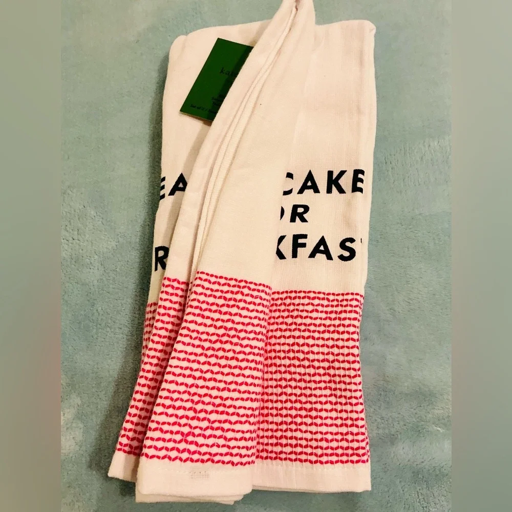 Kate Spade Set Of Two Cotton Kitchen Towels Eat Cake For Breakfast 17 x 28 NEW